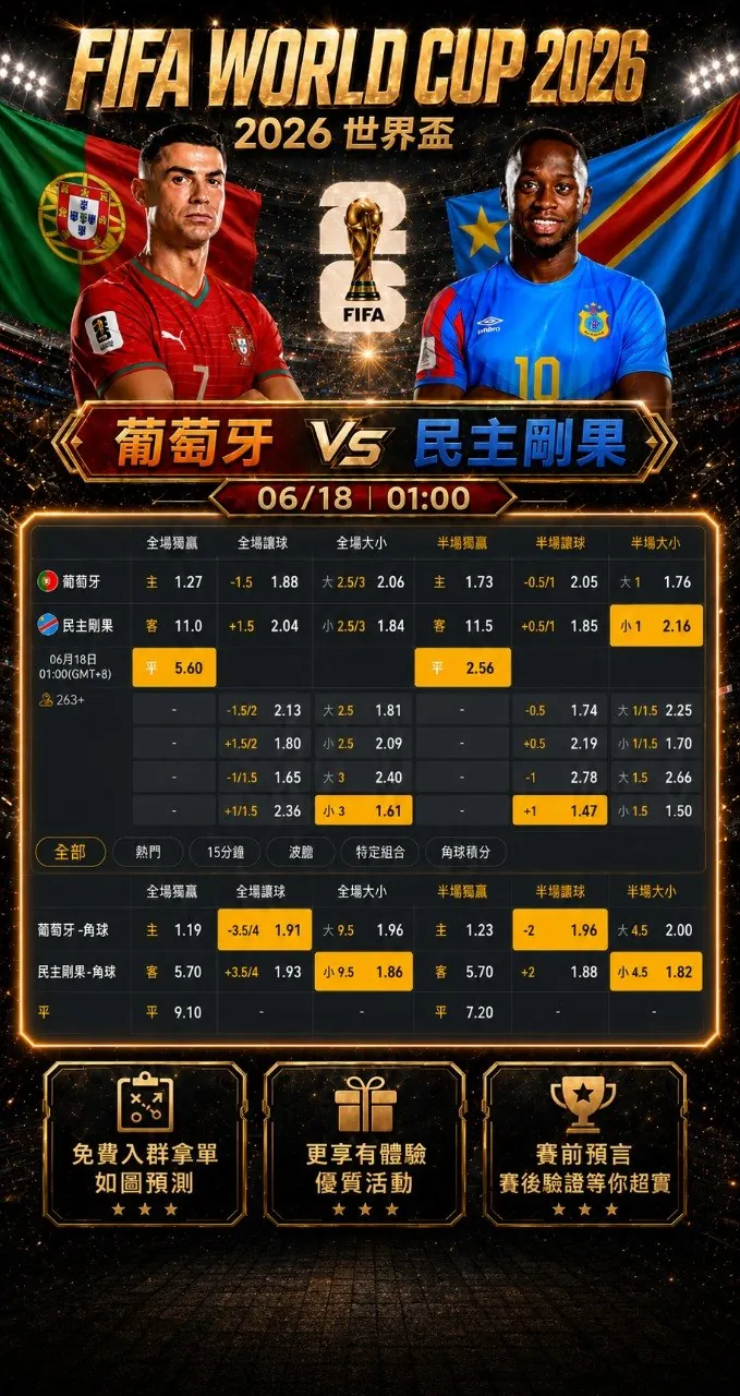 免費入群拿單 如圖預測 葡萄牙 VS 民主剛果 2026 世界盃